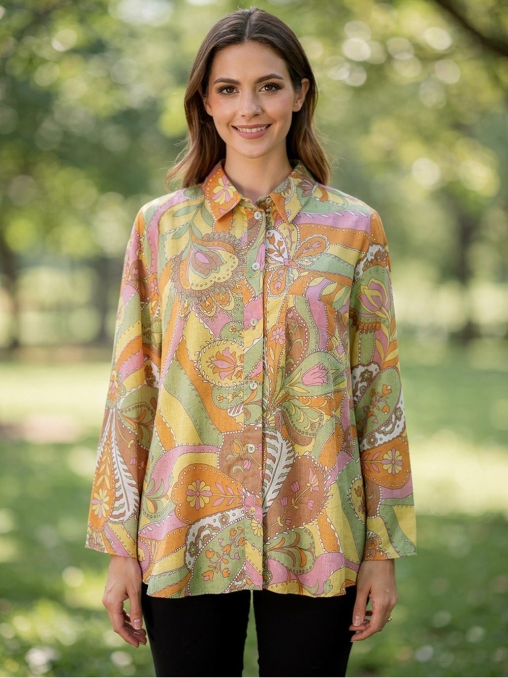 ZARA XXL Retro 70s Psychedelic Floral Paisley Cotton Button Down Shirt Blouse